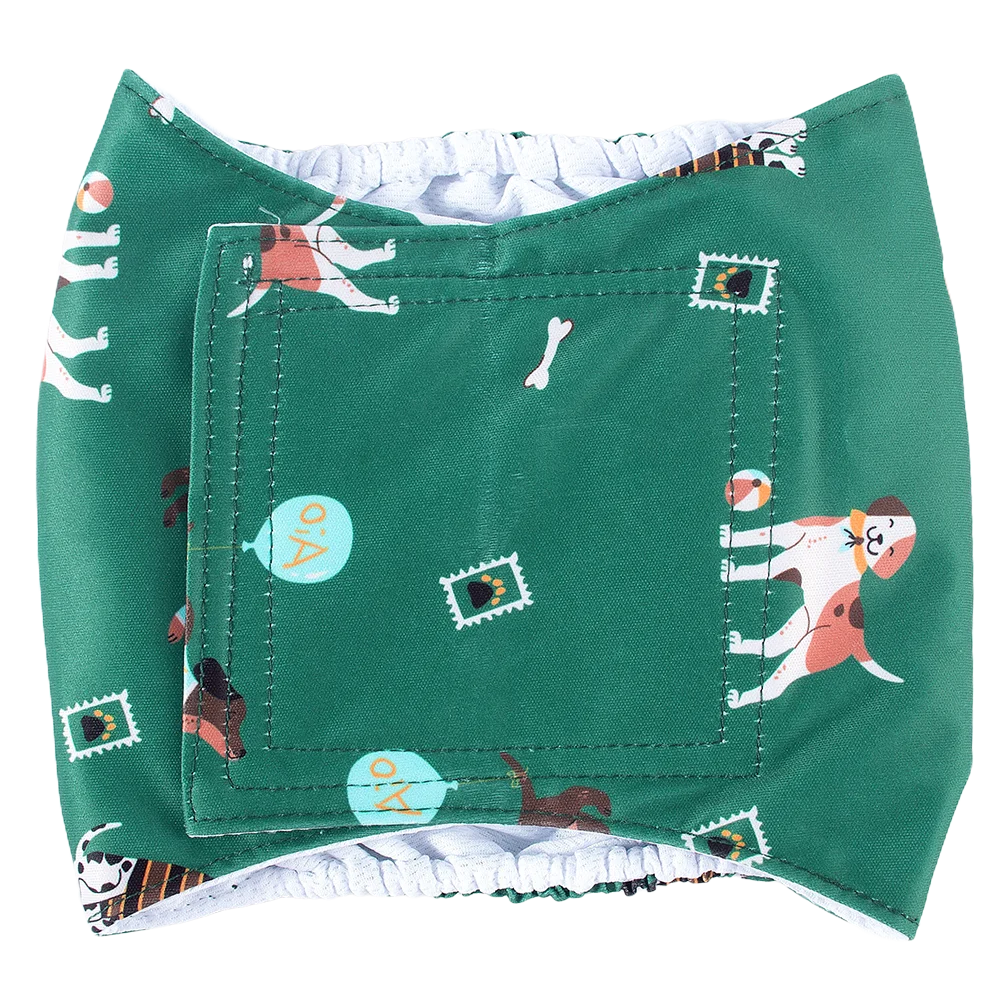 Green washable dog sanitary wraps featuring various animal patterns and decorative elements.