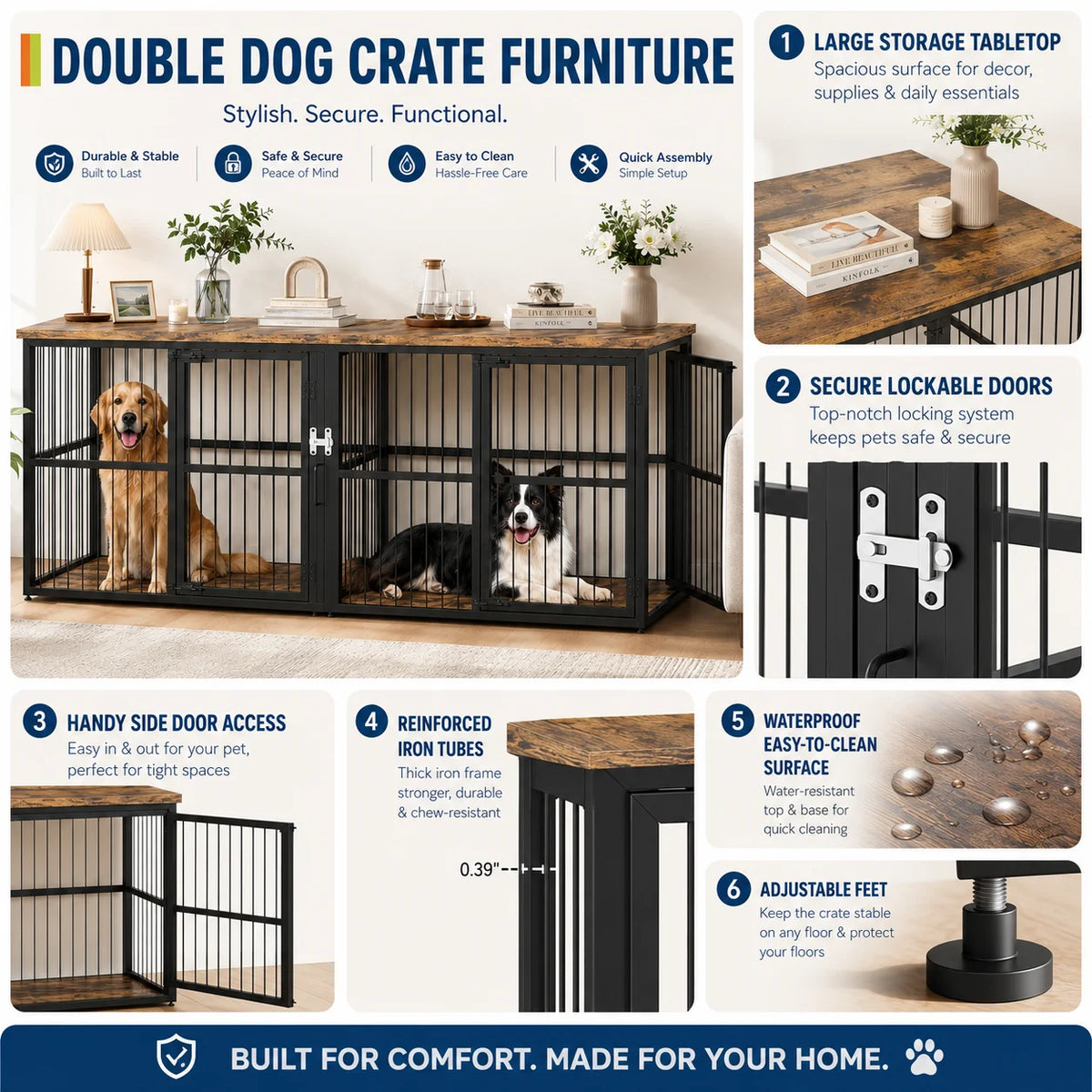 A black double dog crate furniture unit featuring secure doors and a storage top for pets.