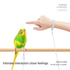 A hand is using an ultra-light elastic parrot release rope to gently handle a yellow bird perched on a wooden bar.