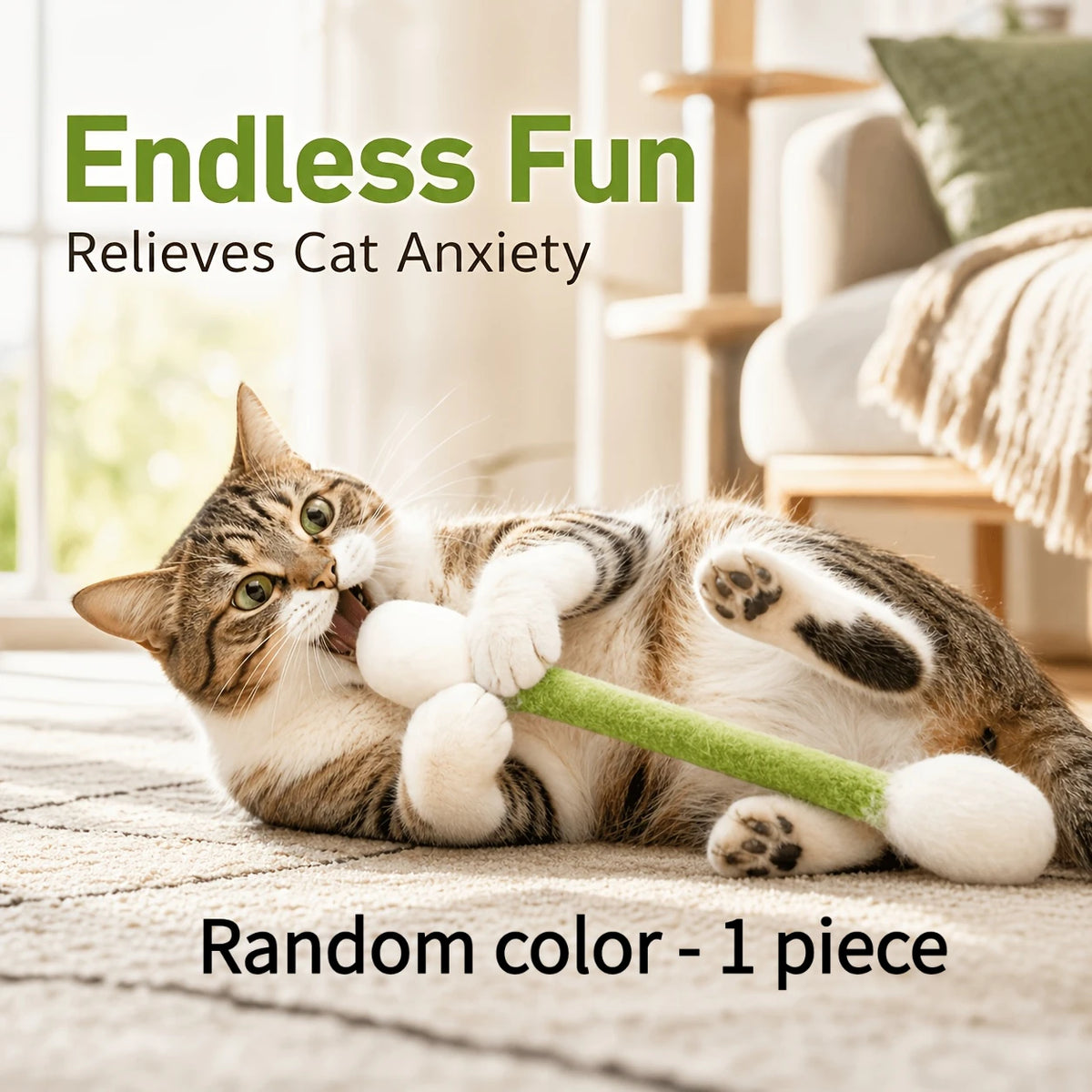 A tabby cat is playing with a green interactive wand toy on a light-colored rug.