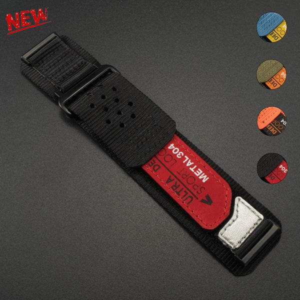 A black nylon sport band for a Huawei watch, shown with various color options.