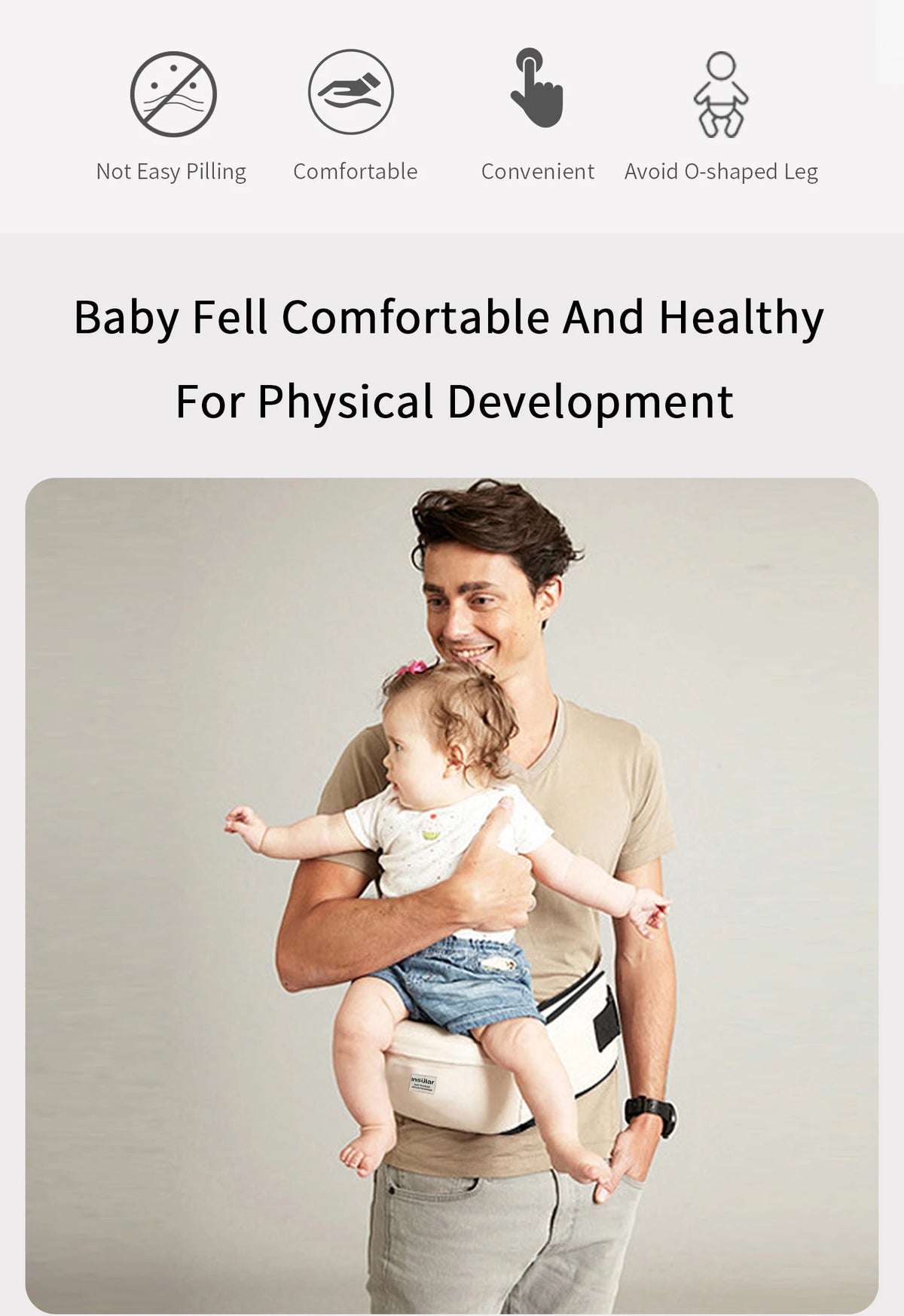 Ein Mann hält ein Baby in einem verstellbaren Hüft-Sling-Tragetuch.