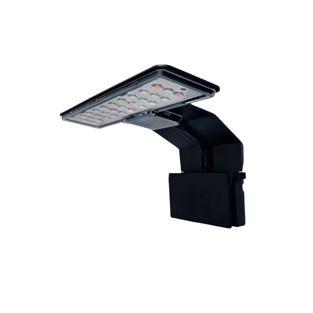 Schwarze Clip-Lampe mit mehrfarbigem LED-Licht, für den Einsatz in Aquarien konzipiert.