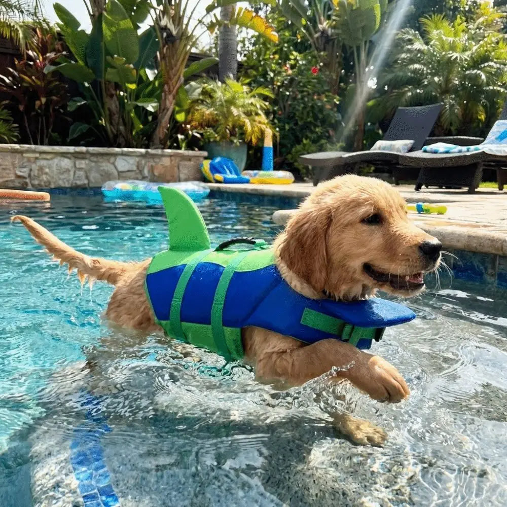 A golden retriever wearing a bright green and blue high visibility life vest swims in a pool.