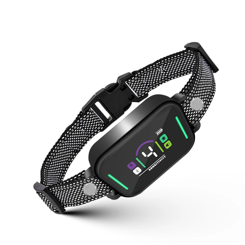 A black adjustable dog bark collar with a digital display showing sensitivity level.