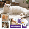 A white cat is shown next to a diffuser device for cat calming pheromone.