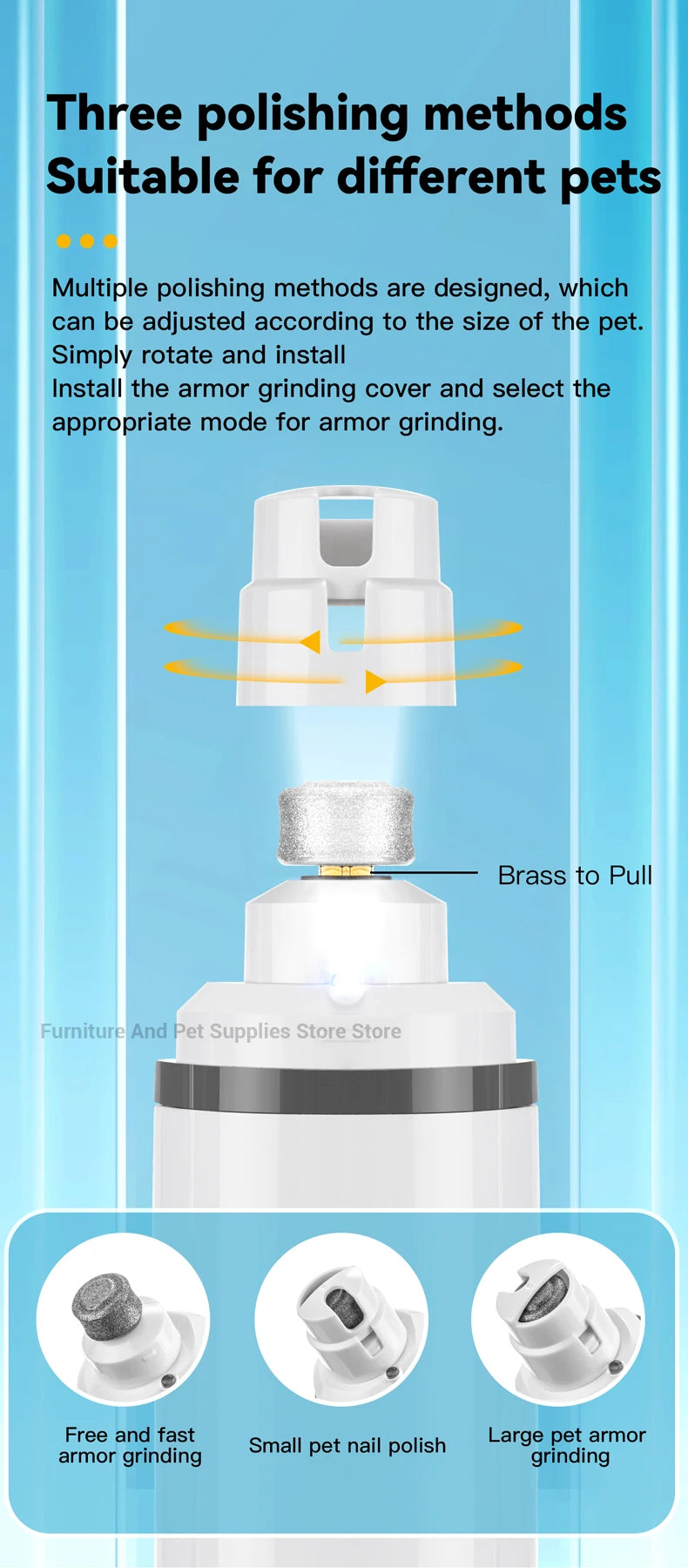 A white rechargeable electric pet nail grinder is shown with three different polishing methods for various pets.