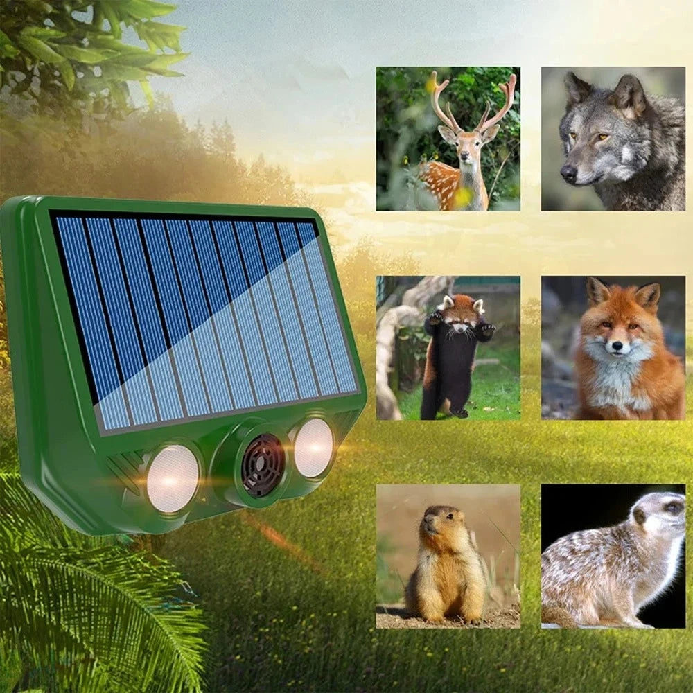 A green solar pest repellent device is shown with various wildlife photos, including a deer, wolf, fox, and marmot.