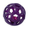 A purple natural rubber interactive dog chew ball with a bell, viewed from above.