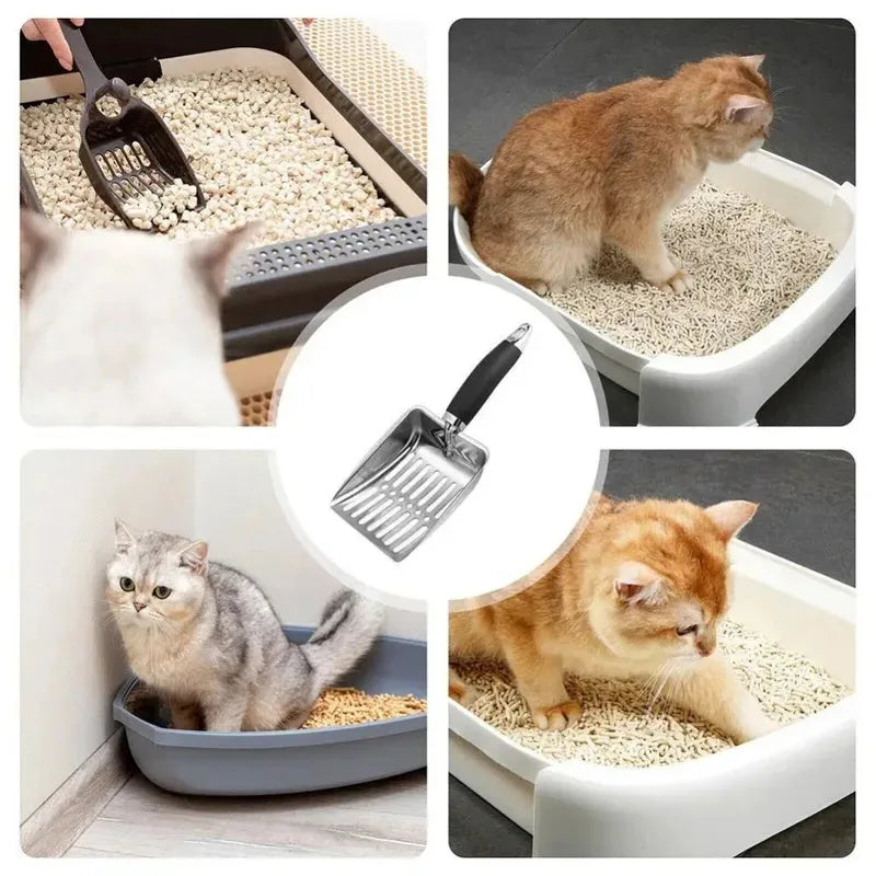 Stainless steel cat litter scoop with a long handle shown in various contexts for scooping litter.