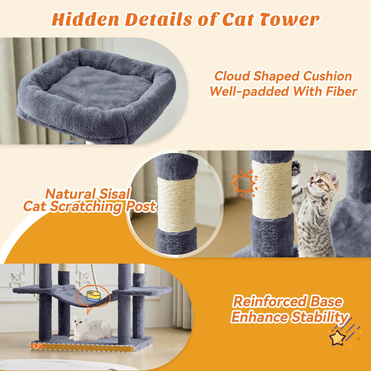 Multi-level cat climbing tree featuring a cloud-shaped cushion, sisal scratching posts, and reinforced base for stability.