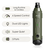 A vertical shot of a olive green dog nail grinder with various features listed on the left.