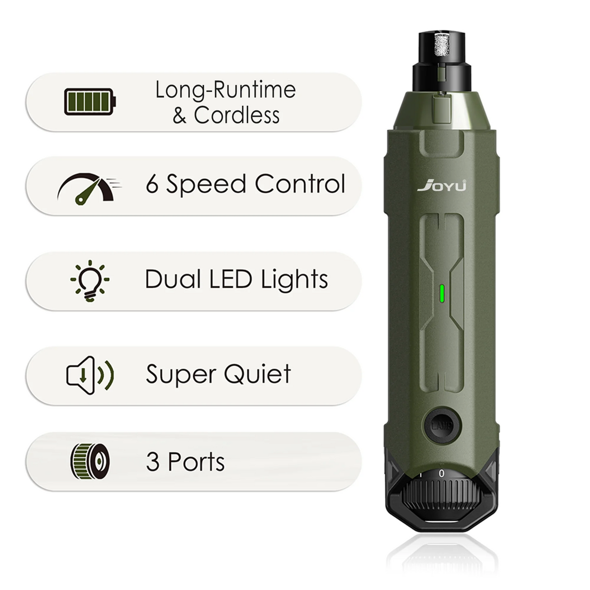 A vertical shot of a olive green dog nail grinder with various features listed on the left.