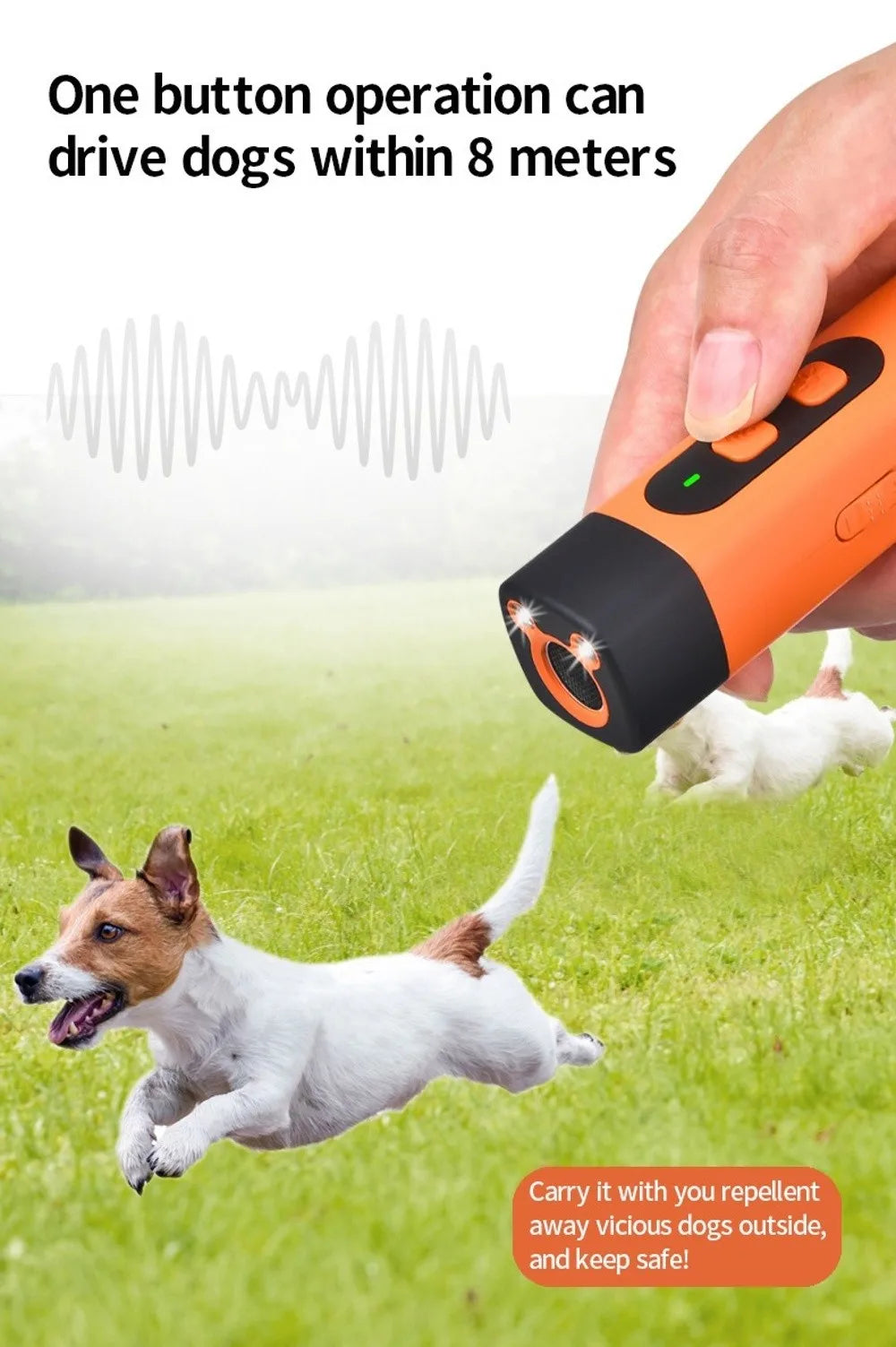 A hand holds an orange ultrasonic dog bark deterrent trainer, with a white dog running nearby.