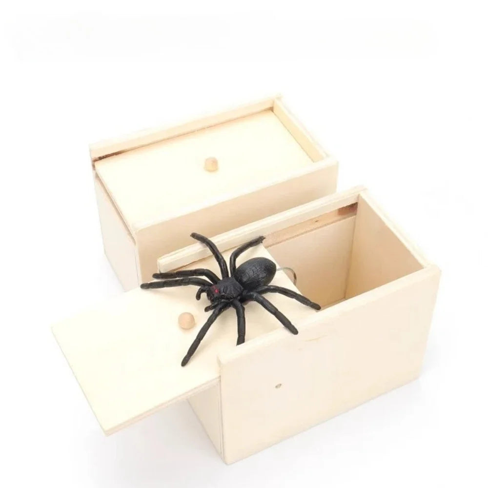 A light wooden box with a lid is open, revealing a black spider inside.