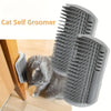 A gray cat is using a wall-mounted self-groomer comb for cleaning its fur.