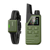 A green electric dog training collar and remote control device with a black strap.