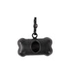 Dispensador portátil para bolsas de basura de mascotas en forma de hueso negro con clip de remolque.