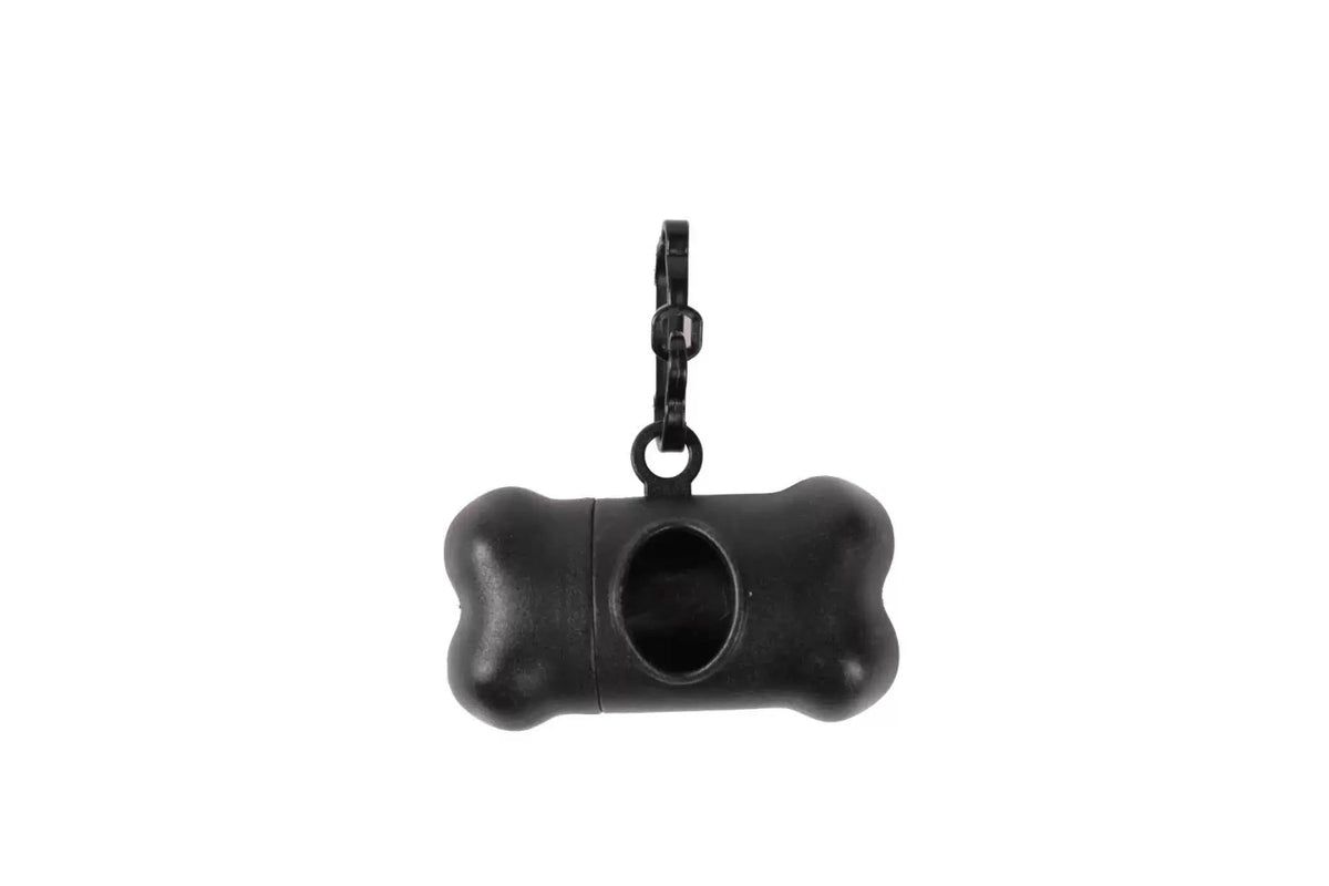 Dispensador portátil para bolsas de basura de mascotas en forma de hueso negro con clip de remolque.