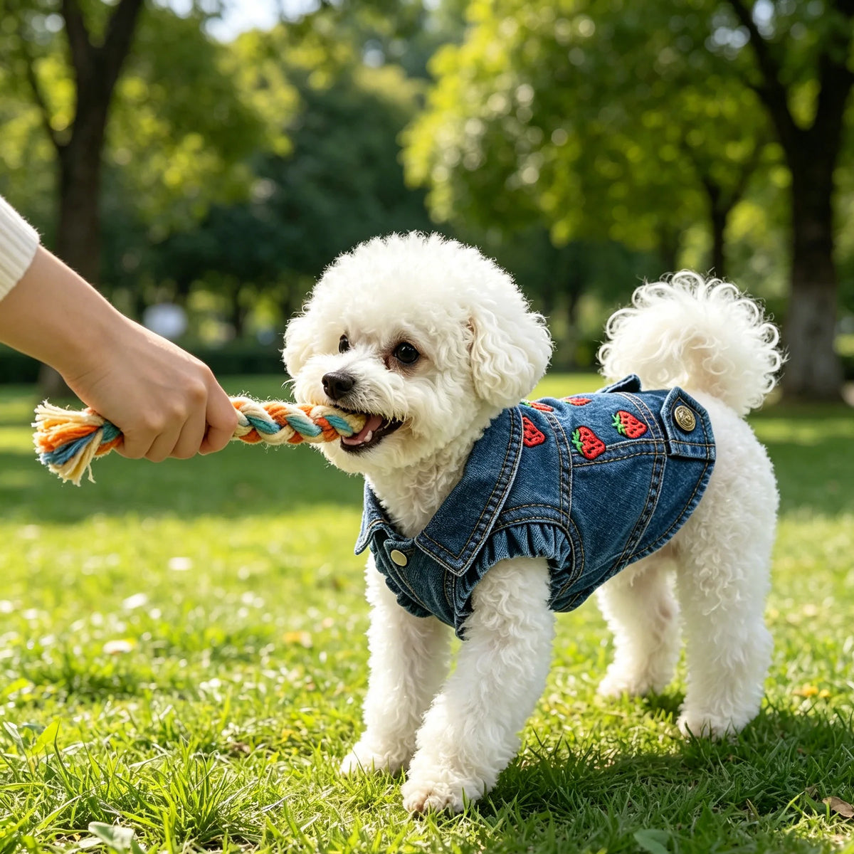A fluffy white dog wearing a denim pet jacket is being played with by a person in a grassy park.