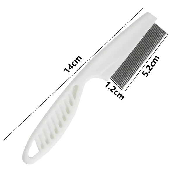 A white dual-sided pet grooming comb with measurements indicating its length and width.