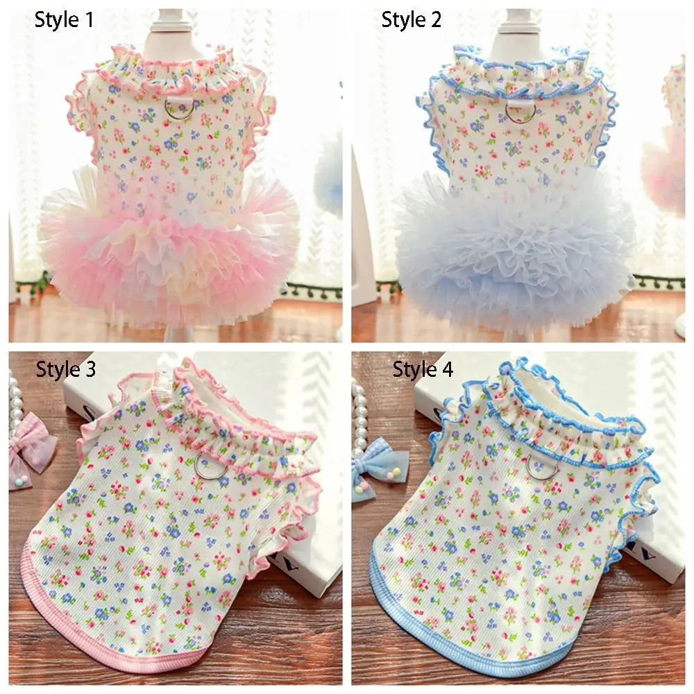 Four styles of floral princess pet dresses for dogs and cats shown in different colors and designs