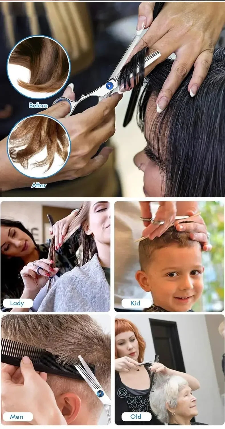 Demostración de tijeras de peluquería profesionales de acero inoxidable usadas en diversos tipos de cabello.