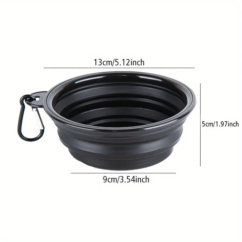 Black portable silicone dog travel bowl with a handle and dimensions 13cm wide and 5cm deep