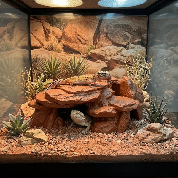 A realistic 3D printed fish tank rockery ornament featuring rocks, plants, and a lizard.