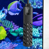 A black submersible aquarium heater with a digital display showing 100W and 220V is shown against a colorful underwater backg