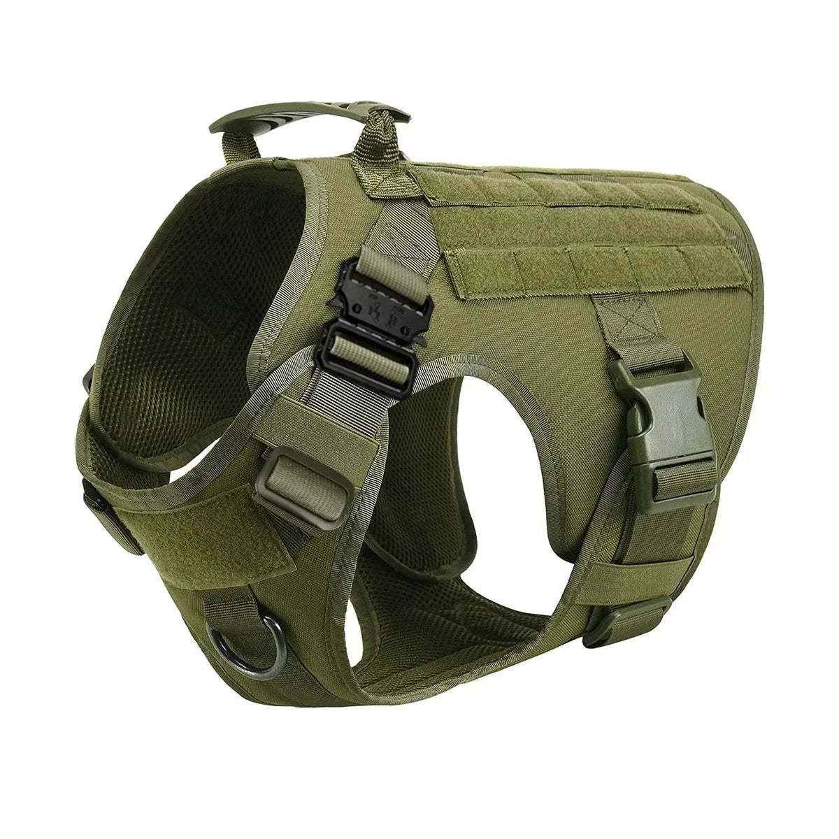 Olive green tactical dog harness with collar and MOLLE pouches