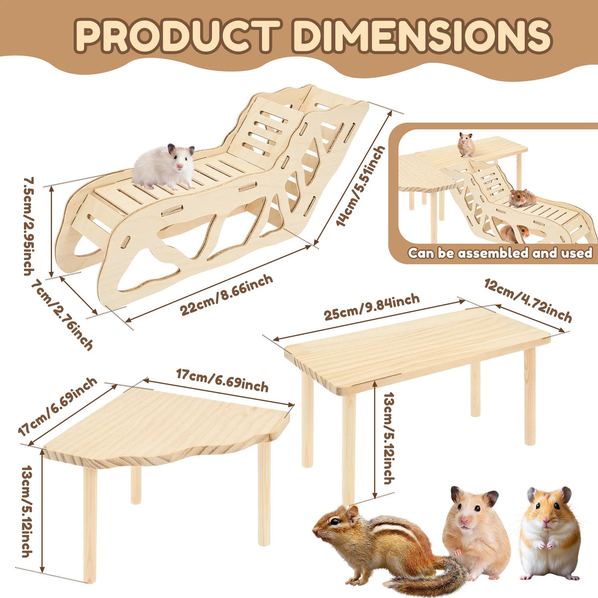 A natural wood hamster climbing and exercise set shown with various components including a wooden ramp and a small wooden tab