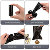 Reusable black pet poop bags shown in various uses including holding, tearing, and disposal.