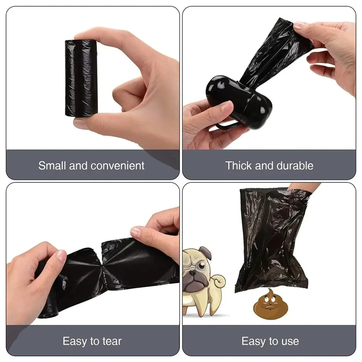 Reusable black pet poop bags shown in various uses including holding, tearing, and disposal.