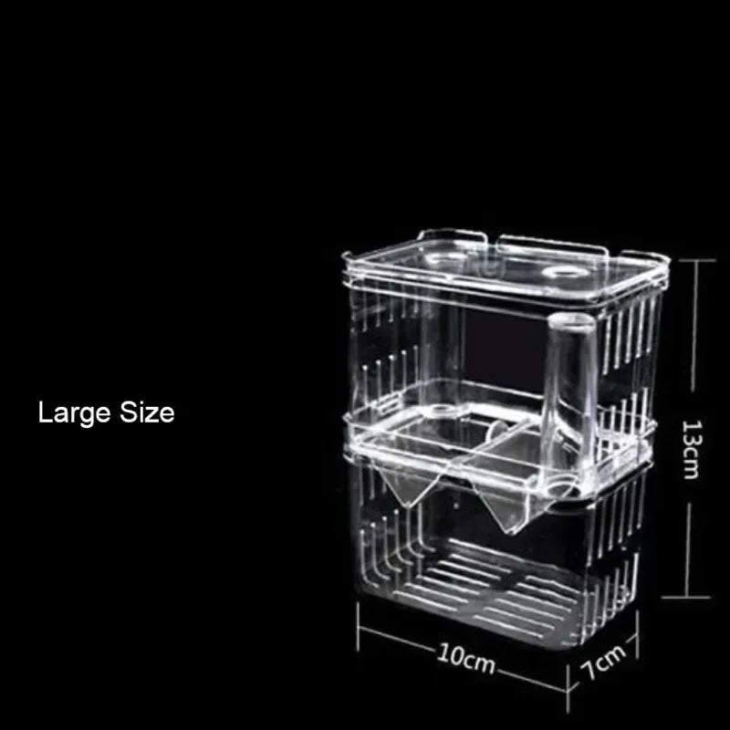 A clear acrylic fish breeding isolation box shown with dimensions of 13cm, 10cm, and 7cm.