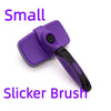 A purple multi-functional pet grooming comb and brush with a black handle.