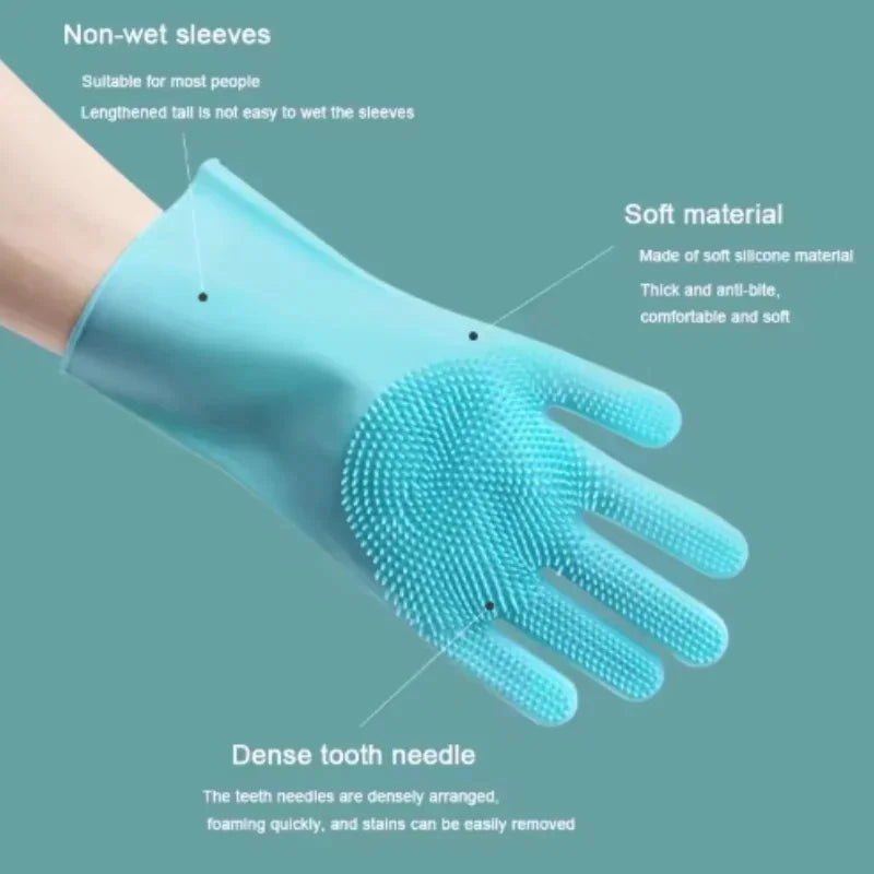 A hand wearing a light blue silicone glove with a dense tooth needle texture, used for pet grooming.