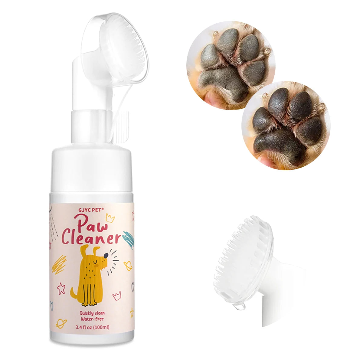 A bottle of pet paw cleaner foam for cats and dogs with a pump dispenser and foam application tool.