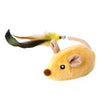 A yellow, fluffy cat toy resembling a mouse with long green and tan ears.