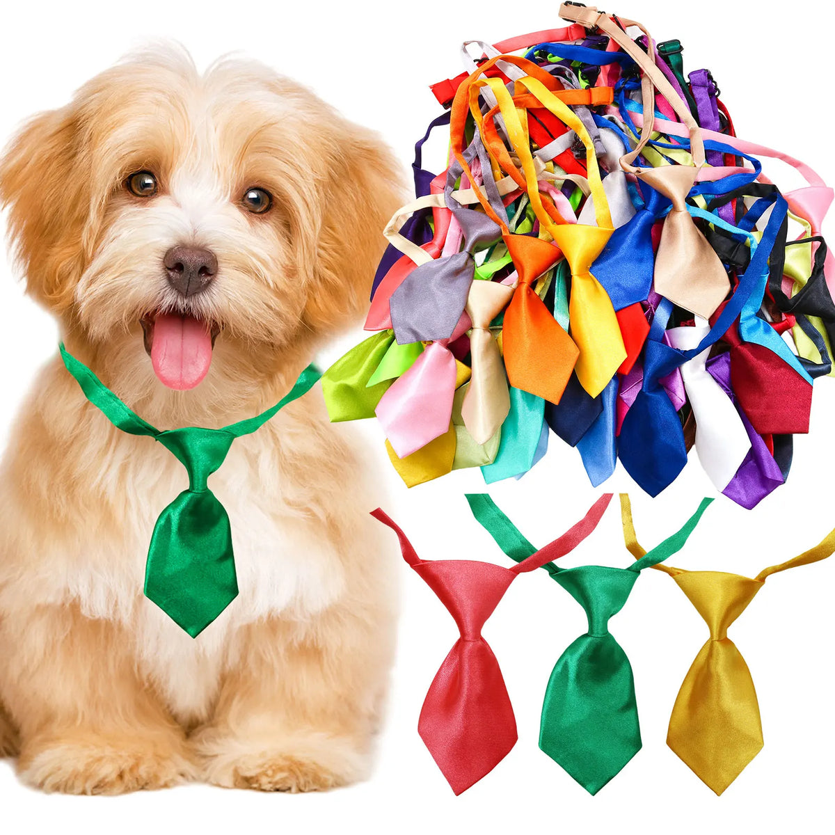 A dog wearing a green bow tie next to a colorful assortment of adjustable pet bow ties for dogs and cats.