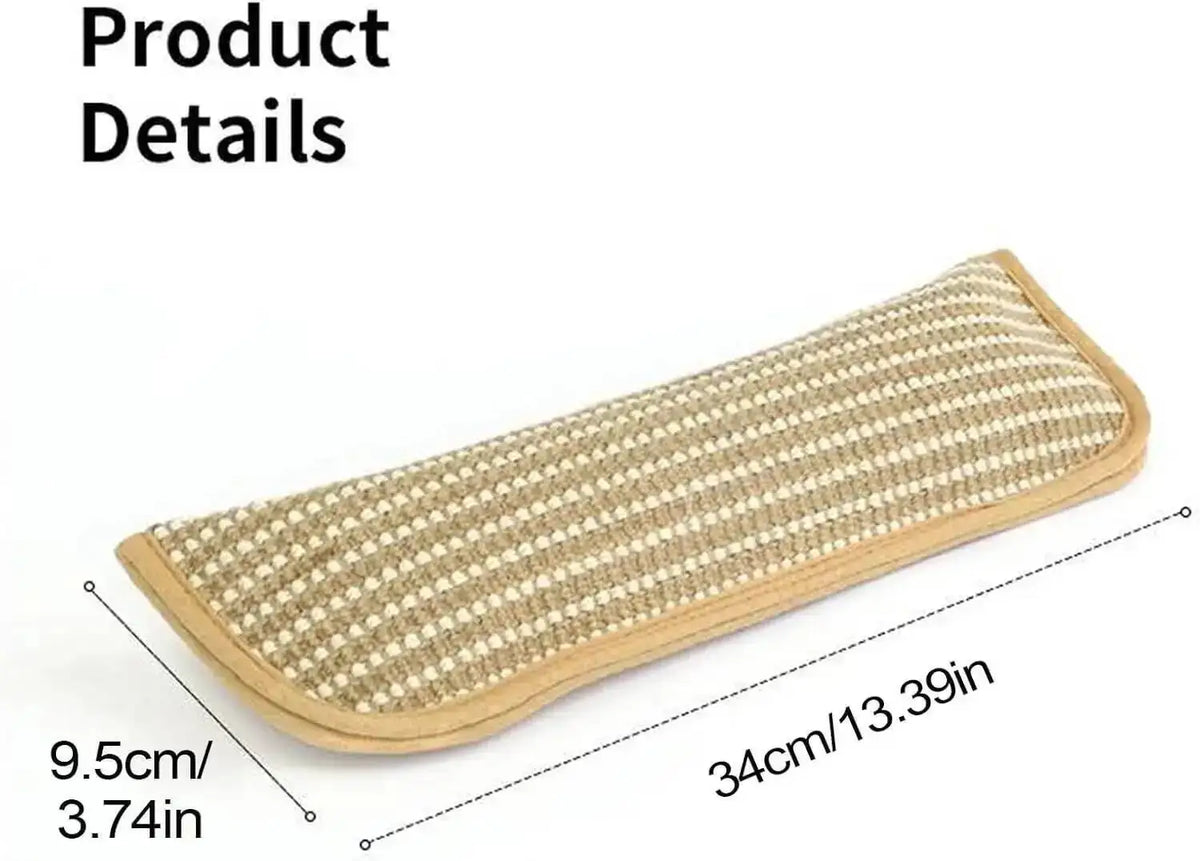 A beige, rectangular cat scratcher toy with a textured surface and visible dimensions.