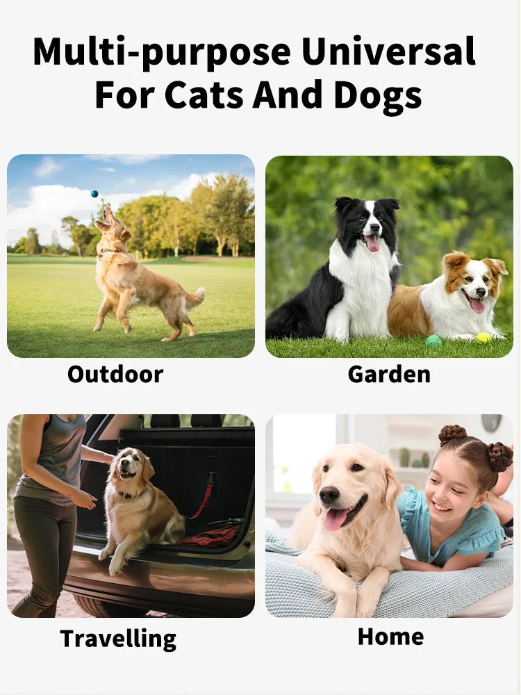 A collection of multi-purpose universal pet dry cleaning gloves shown in various contexts: outdoors, garden, travelling, and 