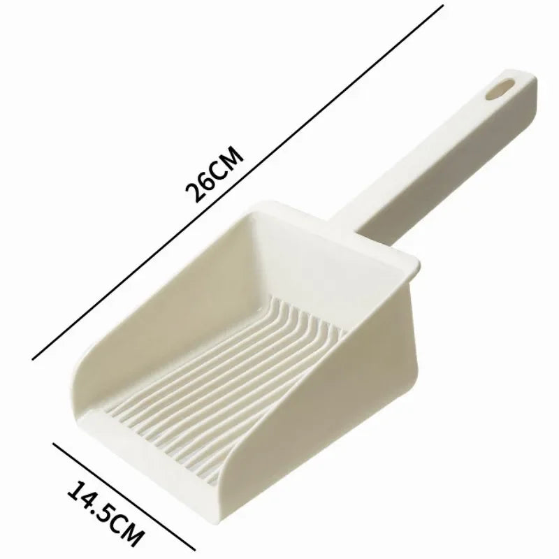 A white extra-large cat litter scoop with a long handle and hanging hook, shown from the side.
