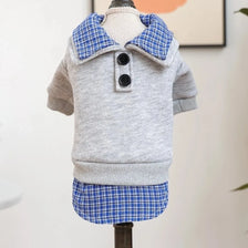 A gray knitted dog hoodie with a blue checkered collar and matching blue plaid bottoms displayed on a mannequin.