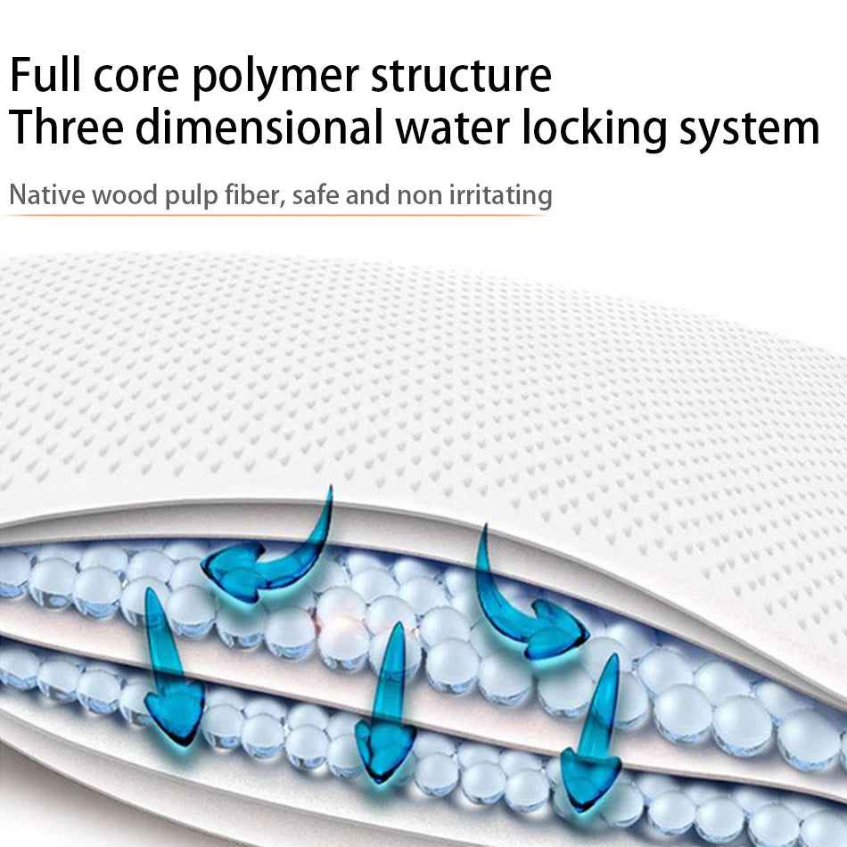 Close-up view of a white absorbent product showing a three-dimensional water locking system structure.