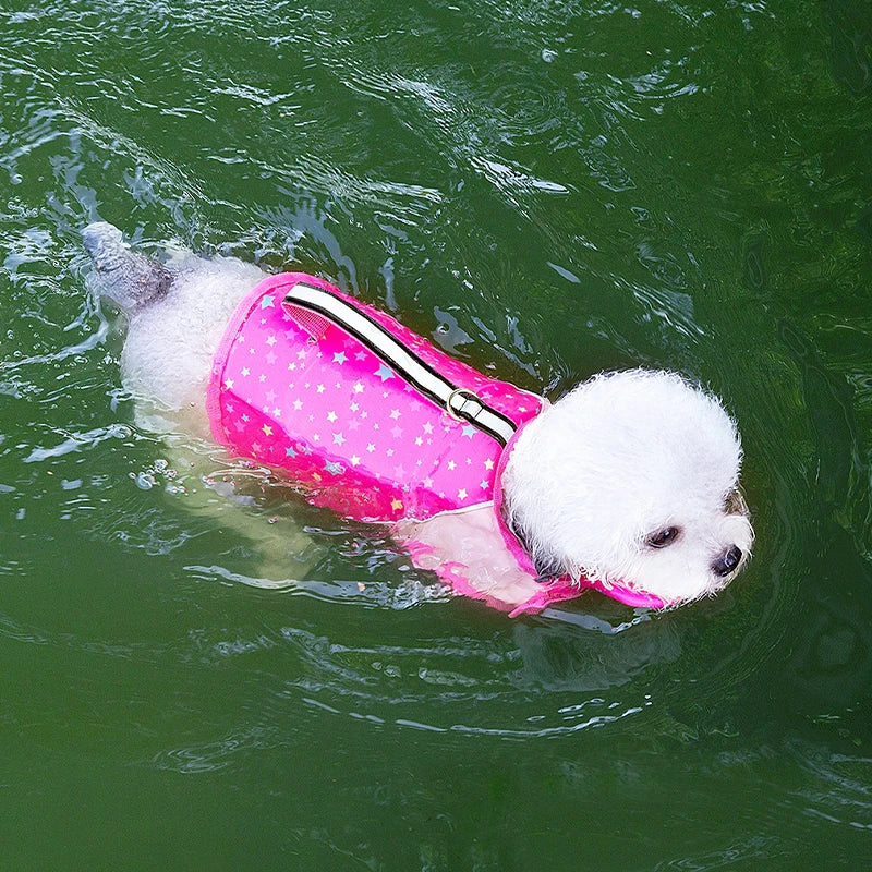 A white dog wearing a pink life jacket floats in green water.