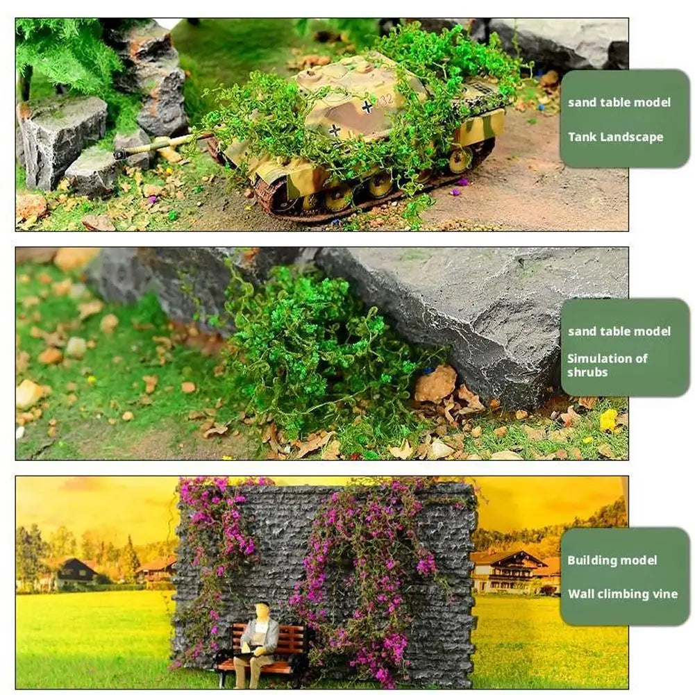 Drei Szenen mit Sandmodell-Landschaften eines Tanks, Sträucher und eines Gebäudes mit Kletterranken.