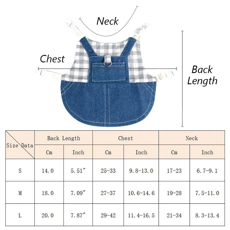 Denim-Hase-Verkleidung, flach dargestellt mit Größenangaben für kleine Haustiere.