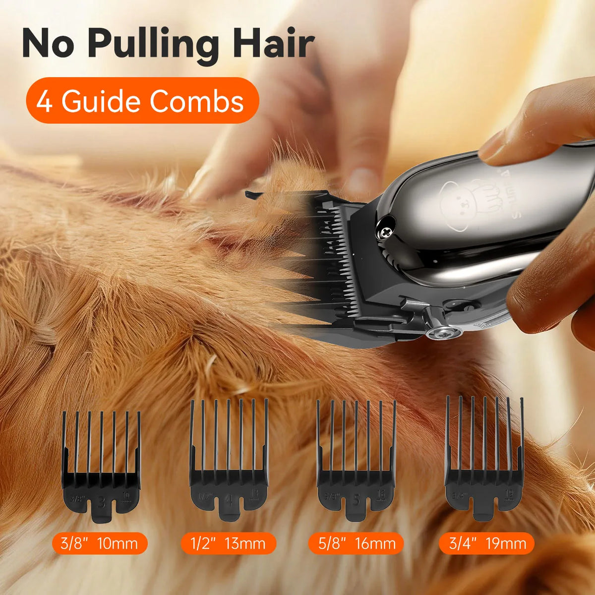 A hand is using a pet grooming clipper with four guide combs on a dog's fur.