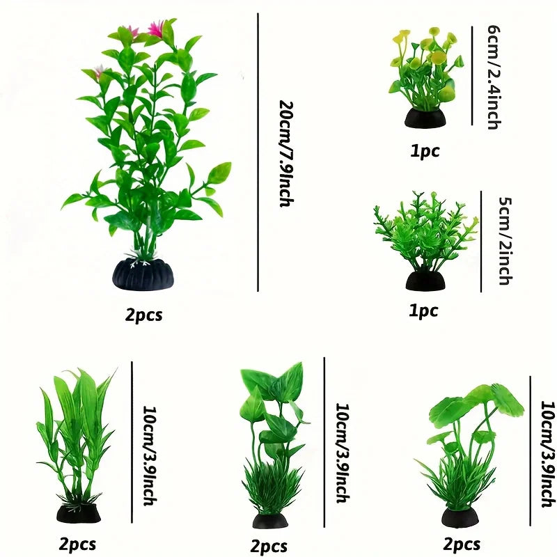 A set of artificial vibrant green water grass plants for fish tanks, shown in various sizes and quantities.